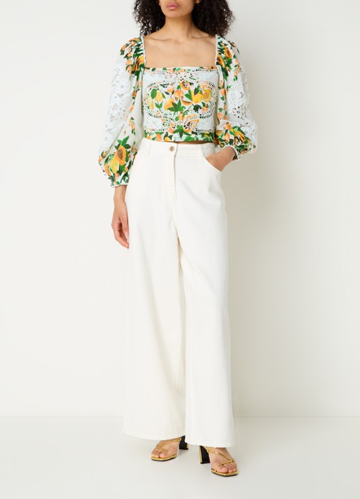 Farm Rio Papaya Salad crop top met print en opengewerkt dessin - voorkant 4 gebroken wit