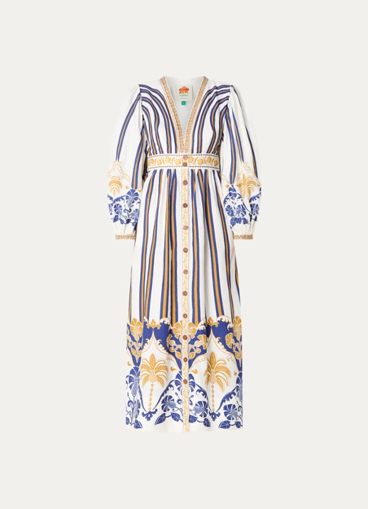 Farm Rio Pineapple Deco maxi tuniekjurk in linnenblend met kralendecoratie - voorkant gebroken wit
