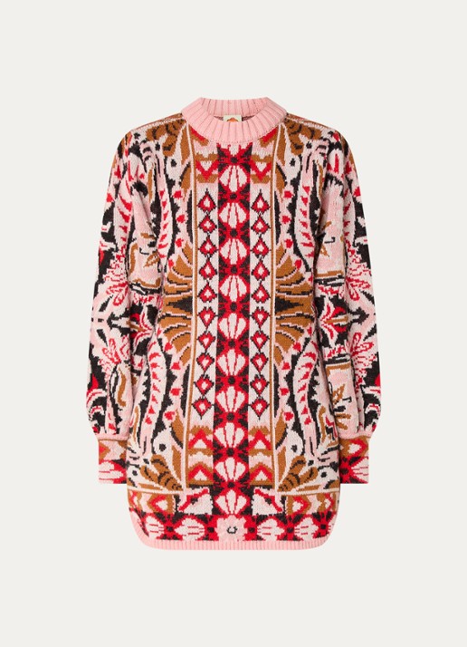Farm Rio Pineapple grofgebreide mini trui-jurk in wolblend - voorkant roze