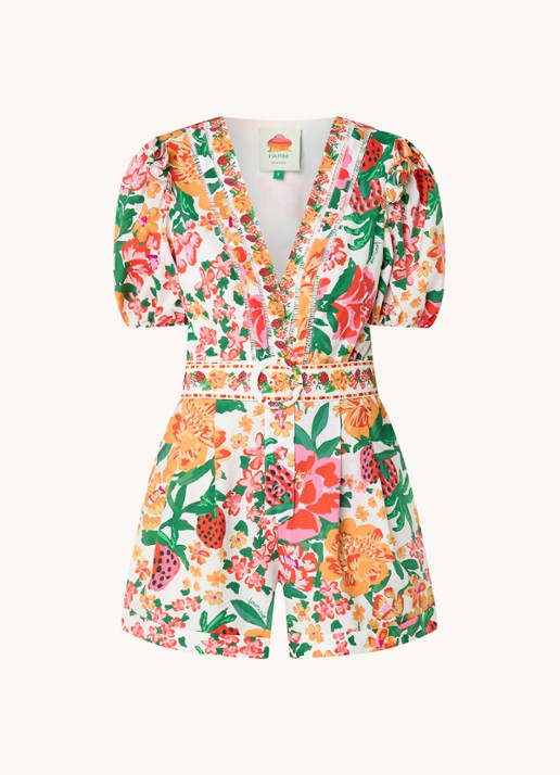 Farm Rio Playsuit met bloemenprint en ceintuur  - voorkant 4 orange