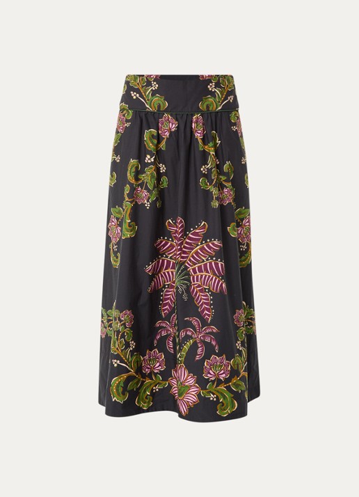 Farm Rio Ravenala midi rok met bloemenprint en steekzakken - voorkant 2 antraciet
