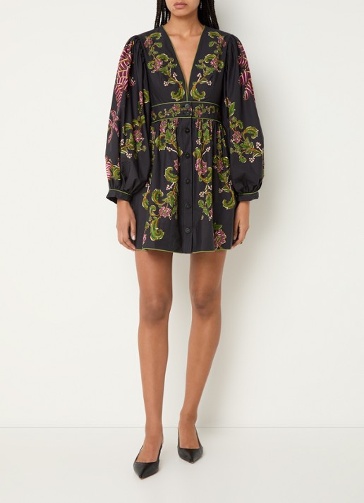 Farm Rio Ravenala mini blousejurk met bloemenprint - voorkant 4 middengrijs
