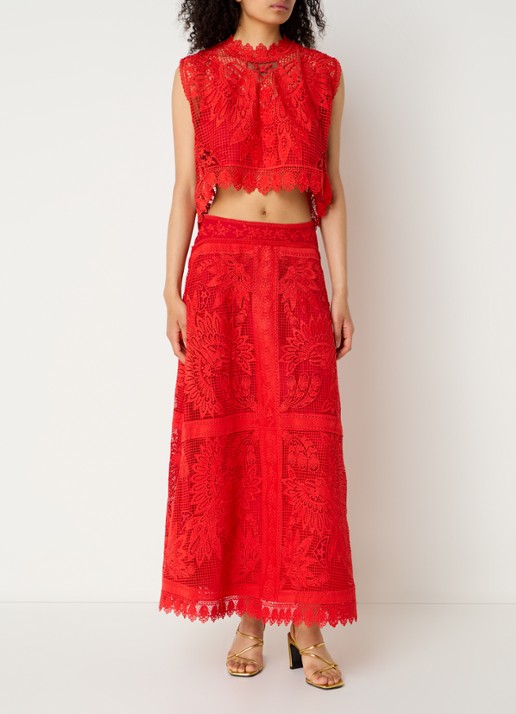 Farm Rio Red Toucan maxi rok met opengewerkt dessin - voorkant 4 rood