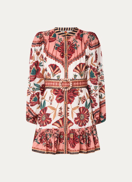 Farm Rio Riad mini blousejurk met bloemenprint en ceintuur - voorkant roze