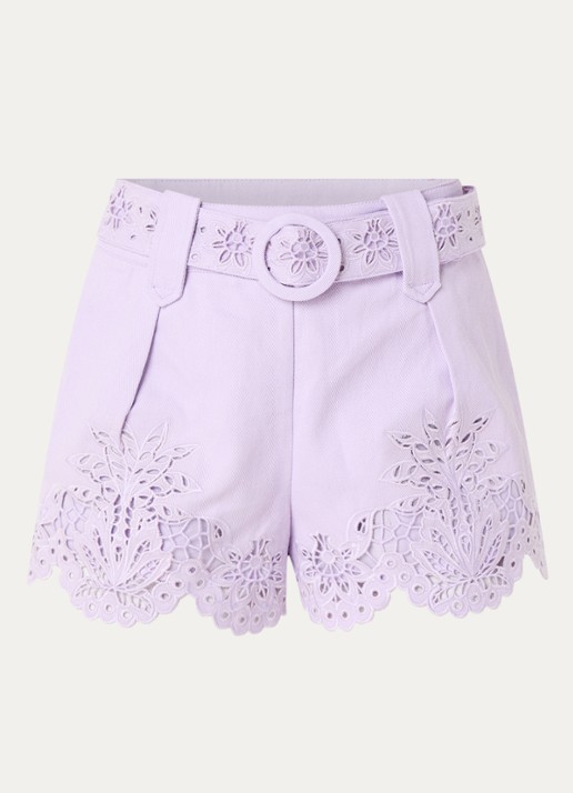Farm Rio  Richelieu high waist straight fit korte broek van denim met broderie - voorkant lila