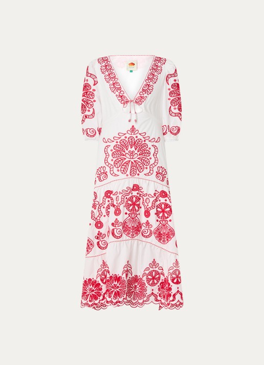 Farm Rio Richelieu midi jurk met broderie en V-hals - voorkant rood