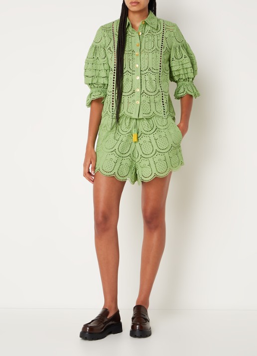 Farm Rio Richillieu blouse van broderie met ballonmouw - voorkant 4 lichtgroen