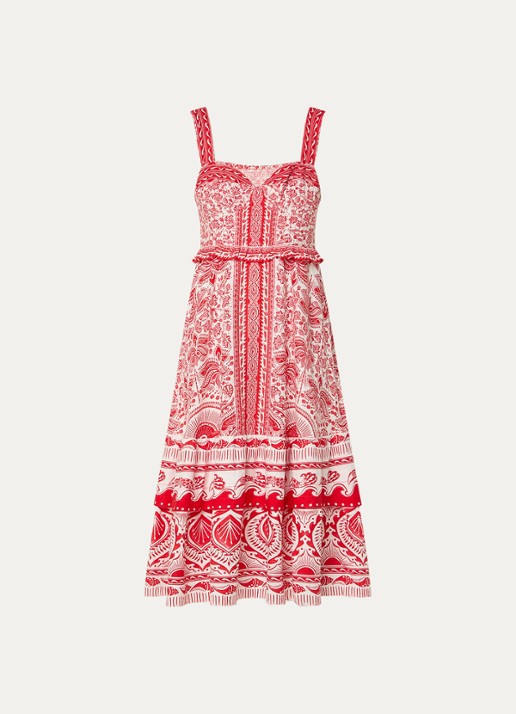 Farm Rio River Red midi jurk in linnenblend met bloemenprint - voorkant 2 rood