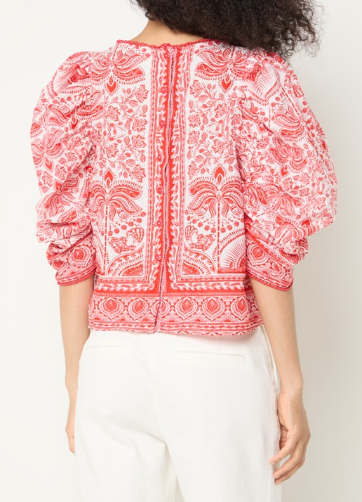 Farm Rio River Ride blouse met print en pofmouw - achterkant 4 rood