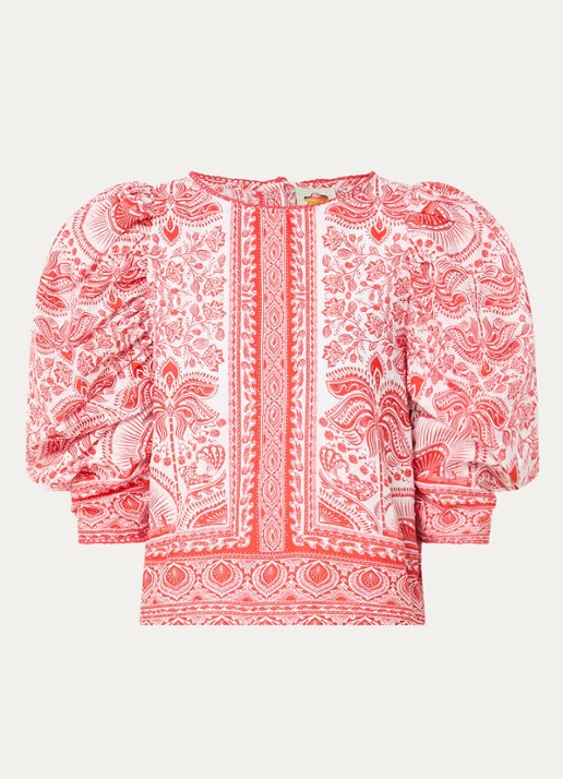 Farm Rio River Ride blouse met print en pofmouw - voorkant 2 rood