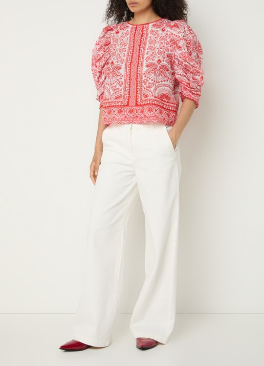Farm Rio River Ride blouse met print en pofmouw - voorkant 3 rood