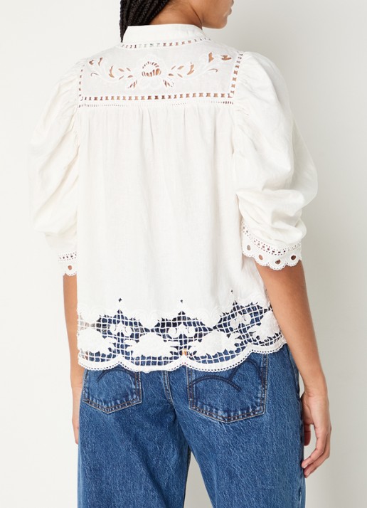 Farm Rio Romantic Richellieu blouse in linnenblend met broderie en pofmouw - achterkant 5 gebroken wit