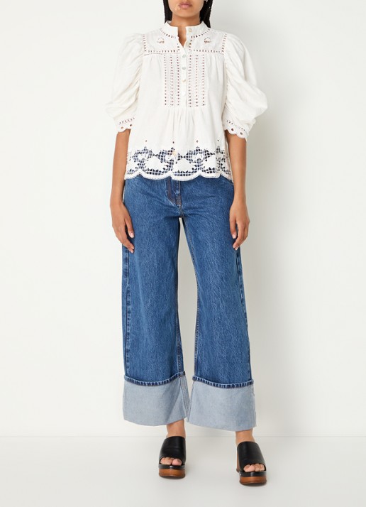 Farm Rio Romantic Richellieu blouse in linnenblend met broderie en pofmouw - voorkant 4 gebroken wit