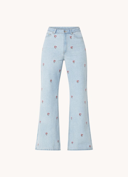 Farm Rio Rose high waist flared jeans met lichte wassing en bloemborduring  - voorkant 4 indigo