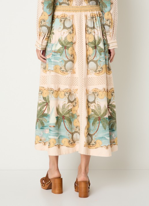 Farm Rio Royal Sea midi rok in linnenblend met print - achterkant creme