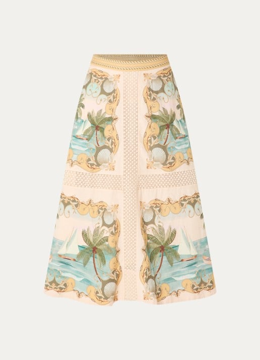 Farm Rio Royal Sea midi rok in linnenblend met print - voorkant 3 creme