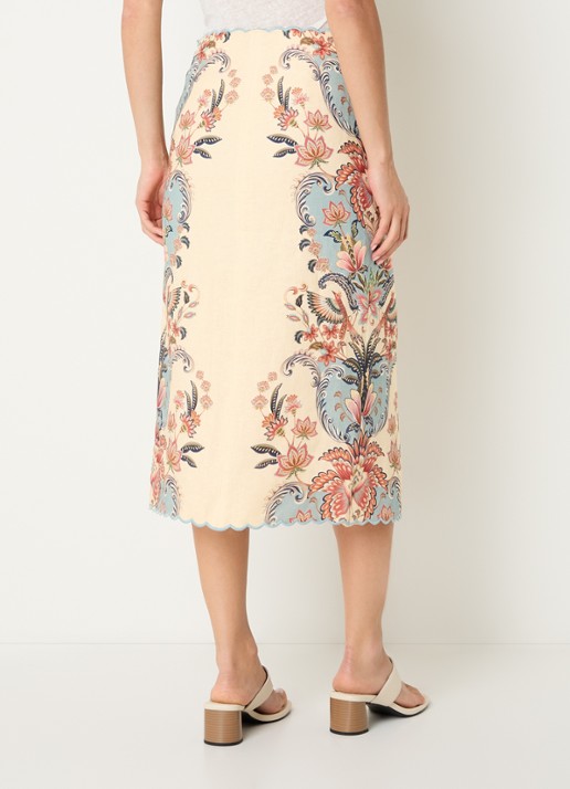 Farm Rio Sea Garden midi rok van linnen met geschulpte zoom en print - achterkant 4 vanillegeel