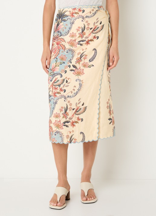 Farm Rio Sea Garden midi rok van linnen met geschulpte zoom en print