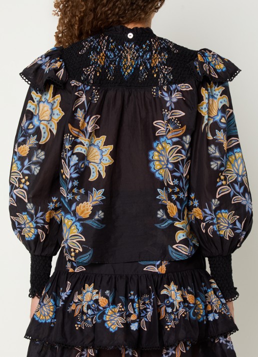 Farm Rio Semi-transparante tuniek met bloemenprint en smockwerk - achterkant 3 zwart