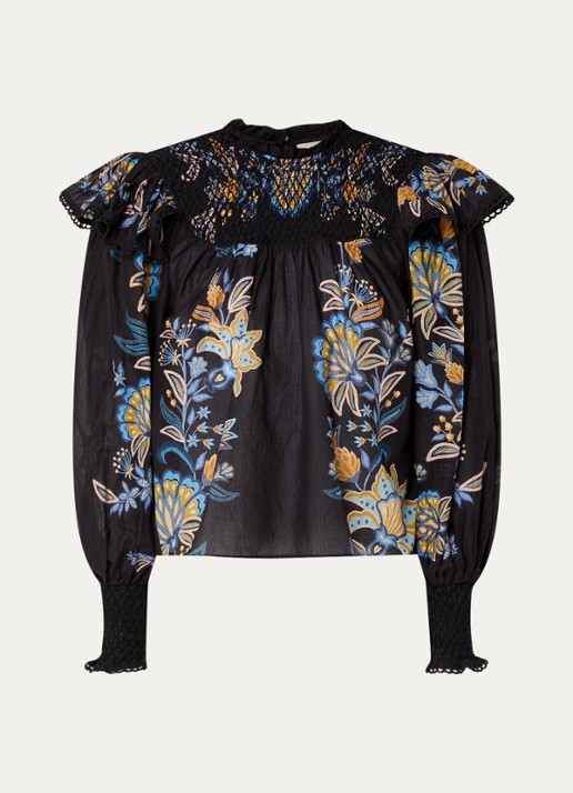 Farm Rio Semi-transparante tuniek met bloemenprint en smockwerk - voorkant zwart