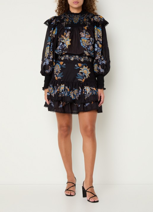 Farm Rio Semi-transparante tuniek met bloemenprint en smockwerk - voorkant 2 zwart