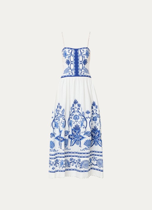 Farm Rio Shell Garden midi jurk in linnenblend met kralendecoratie - voorkant gebroken wit