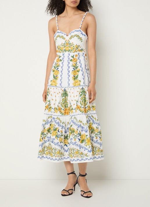 Farm Rio Sicily gelaagde midi jurk met bloemenprint - voorkant 3 gebroken wit