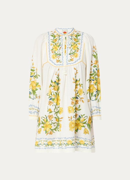 Farm Rio Sicily mini tuniekjurk in linnenblend met bloemenprint - voorkant 2 gebroken wit