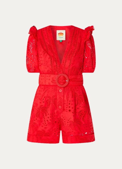 Farm Rio Straight fit playsuit met broderie en ceintuur - voorkant 3 rood