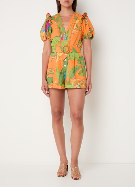 Farm Rio Straight fit playsuit met strikceintuur en opengewerkt detail - voorkant 5 orange