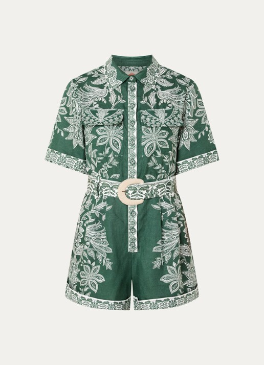 Farm Rio Straight fit playsuit van linnen met paisley dessin - voorkant groen