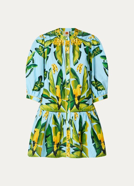 Farm Rio Summer Foliage mini blousejurk met bloemenprint - voorkant lichtblauw