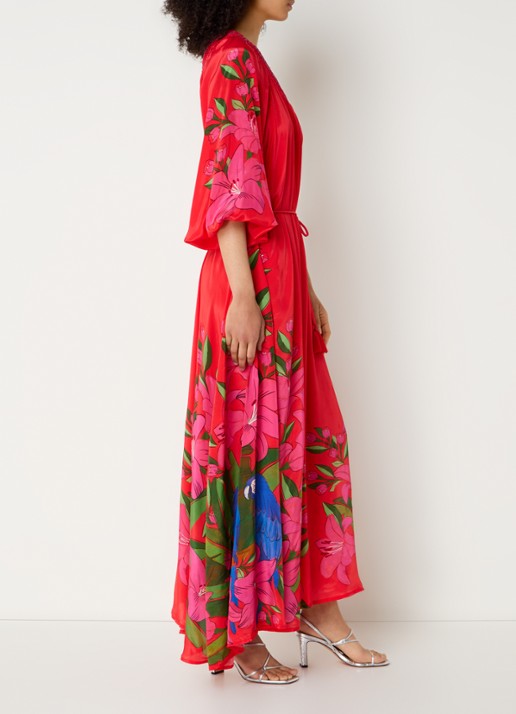 Farm Rio Summer maxi one shoulder jurk met bloemenprint - voorkant 3 koraalrood