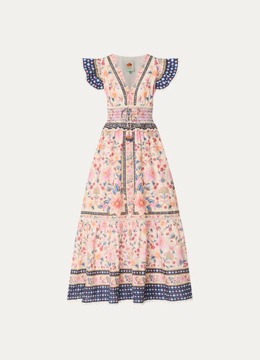 Farm Rio Superbloom midi jurk met bloemenprint en smockwerk - voorkant roze