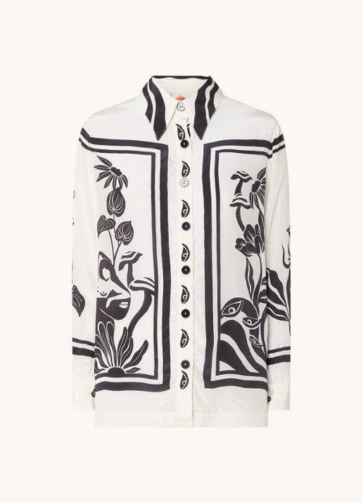 Farm Rio Surreal Garden blouse van satijn met print - voorkant 3 gebroken wit