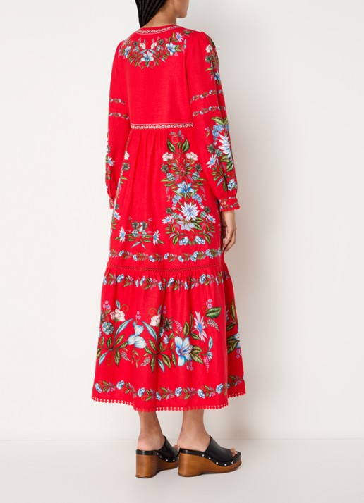 Farm Rio Sweet Bloom maxi tuniekjurk in linnenblend met bloemenprint - achterkant rood