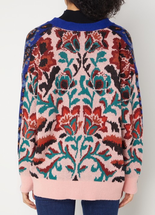 Farm Rio Toucan fijngebreid vest met bloemenprint in wolblend - achterkant blauw