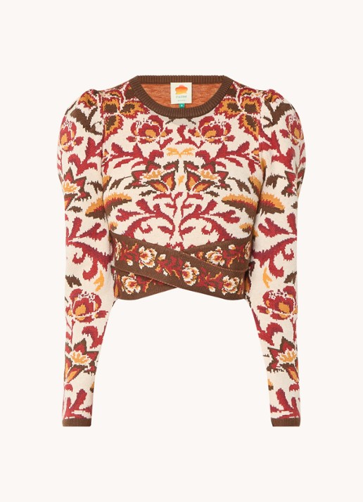 Farm Rio Toucans fijngebreide crop top met bloemenprint - voorkant 2 donkerrood