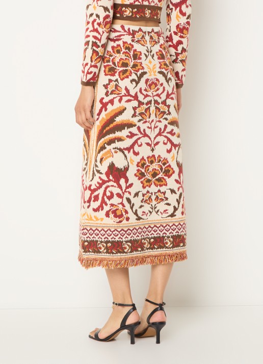 Farm Rio Toucans fijngebreide midi rok met bloemenprint en franjes - achterkant gebroken wit