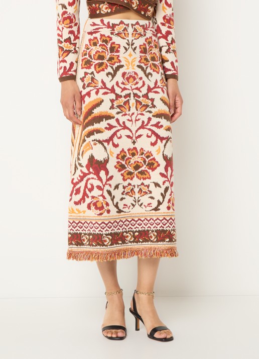 Farm Rio Toucans fijngebreide midi rok met bloemenprint en franjes