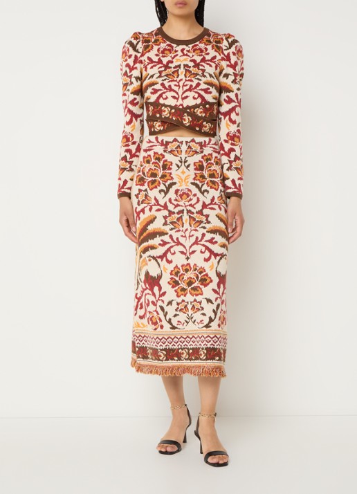 Farm Rio Toucans fijngebreide midi rok met bloemenprint en franjes - voorkant 4 gebroken wit