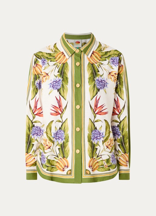 Farm Rio Tropical blouse in linnenblend met print - voorkant 2 mosgroen