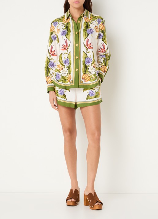 Farm Rio Tropical blouse in linnenblend met print - voorkant 3 mosgroen