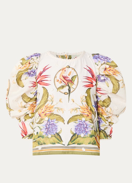 Farm Rio Tropical blouse met ballonmouw - voorkant 2 creme
