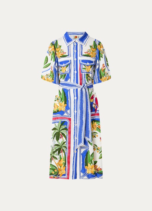 Farm Rio Tropical Destination midi blousejurk in linnenblend met bloemenprint - voorkant 2 gebroken wit
