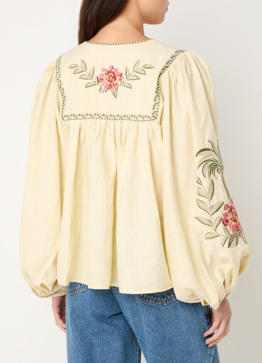 Farm Rio Tropical Flower tuniek in linnenblend met bloemborduring - achterkant beige