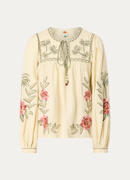 Farm Rio Tropical Flower tuniek in linnenblend met bloemborduring - voorkant 3 beige
