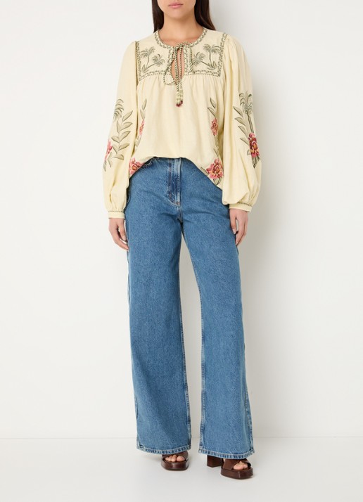 Farm Rio Tropical Flower tuniek in linnenblend met bloemborduring - voorkant 4 beige