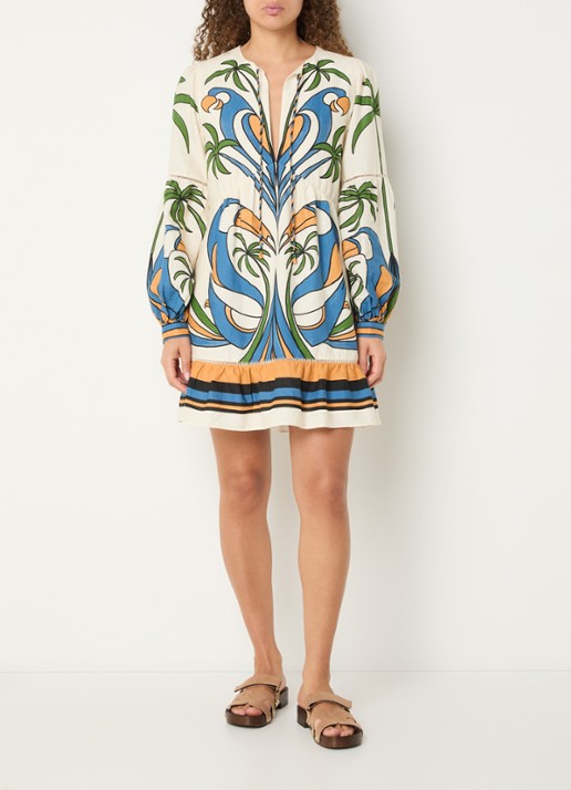 Farm Rio Tropical mini tuniekjurk met print - voorkant 2 gebroken wit