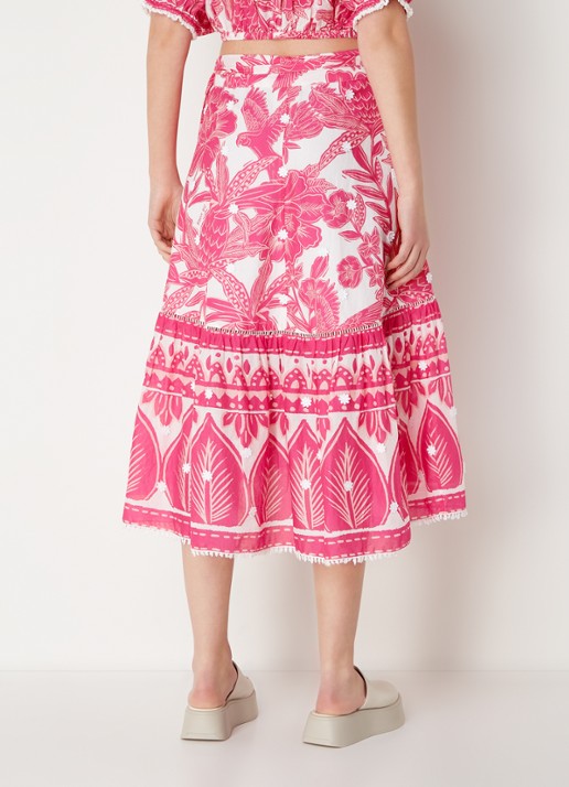 FARM Rio Tropical Woodcut midi wikkelrok met borduring en print - achterkant donkerroze